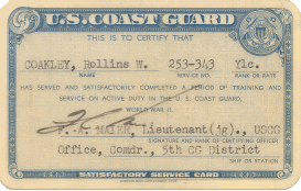 scan of U. S. Coast Guard Satisfactory Service Card (front)