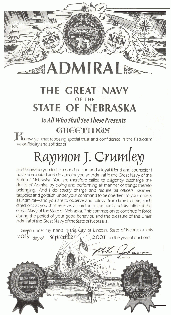 scan of Raymon Crumley's "Admiral" certificate