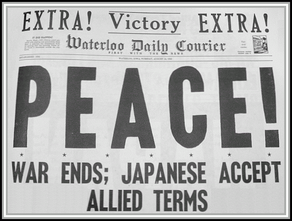 scan of headline "PEACE" from Waterloo Daily Courier