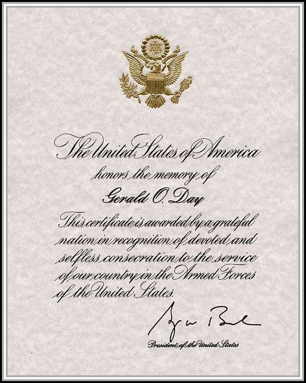 scanned copy of Gerald O. Day's Presidential Memorial Certificate