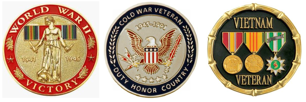 image of WWII Victory challenge coin, Cold War Veteran challenge coin, and Vietnam Veteran challenge coin