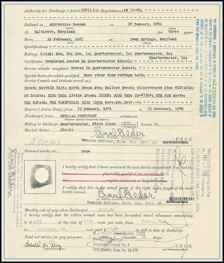 scan of Honorable Discharge from the United States Coast Guard - back