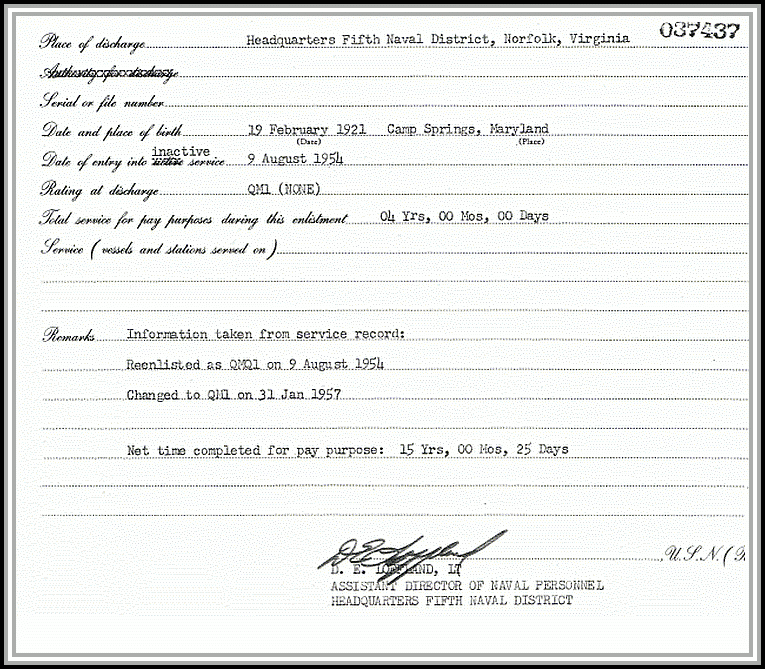 scan of discharge from U.S. Naval Reserve, August 1958 - back