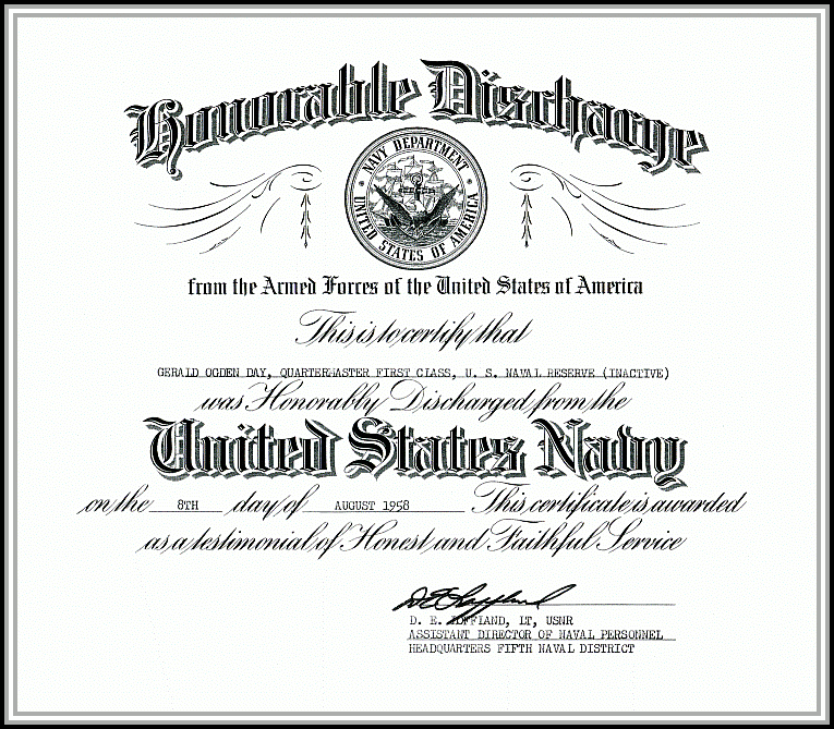 scan of discharge from U.S. Naval Reserve, August 1958 - front