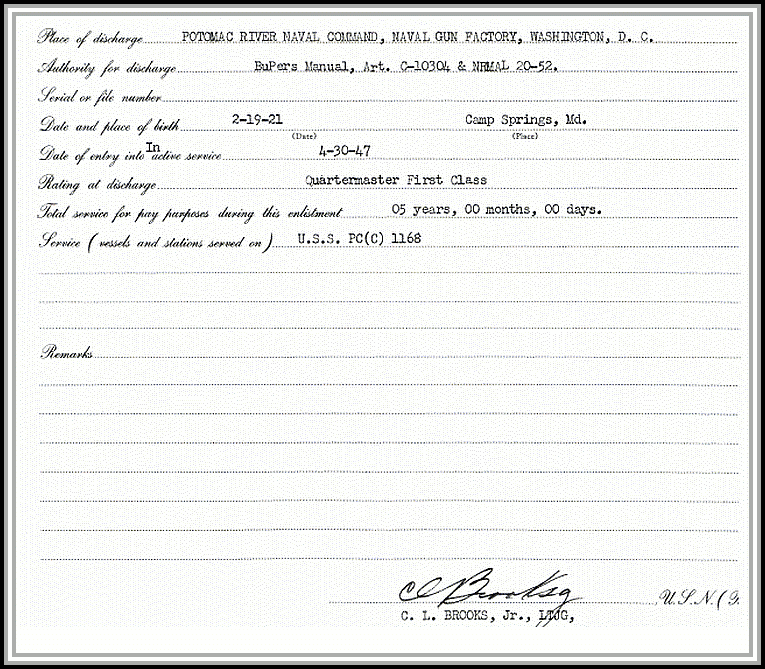 scan of discharge from U.S. Naval Reserve, April 1952 - back