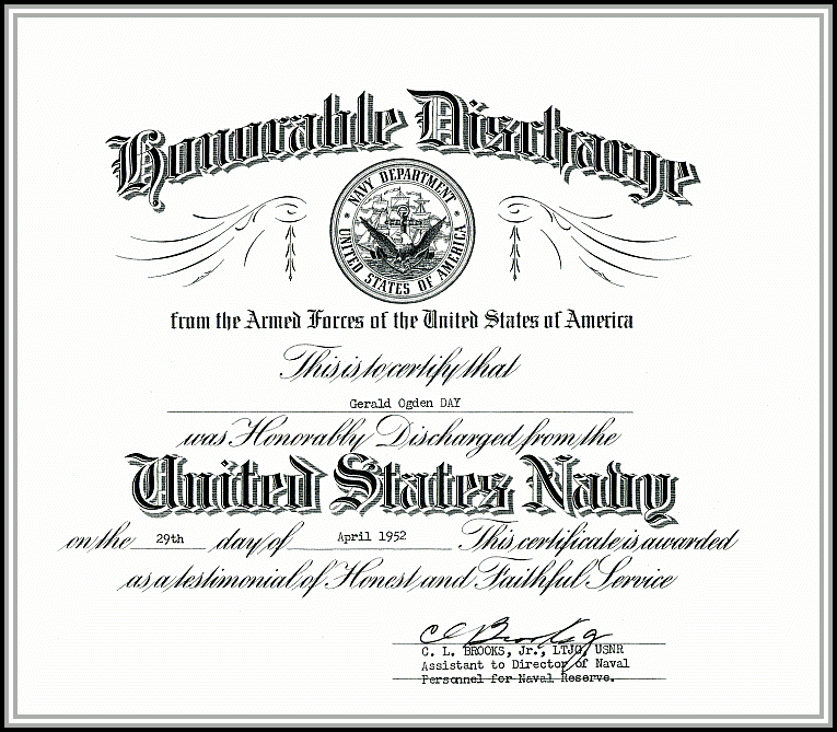 scan of discharge from U.S. Naval Reserve, April 1952 - front