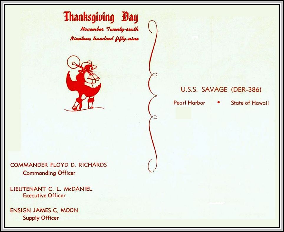 scan of USS SAVAGE Thanksgiving Menu 1959