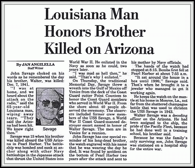 scanned copy of newspaper article - Louisiana Man Honors Brother Killed on Arizona